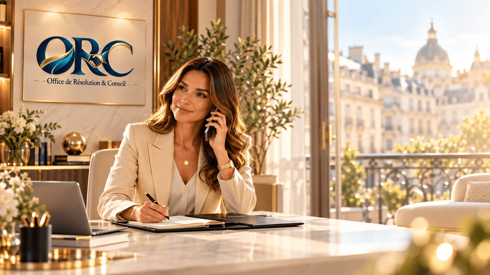 Conseillère ORC au téléphone dans un bureau lumineux